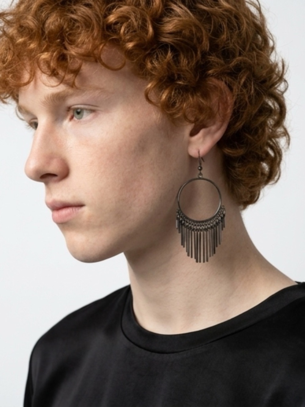 Fringed Hoop Drop Earrings in Gunmetal - Picture 4 of 4